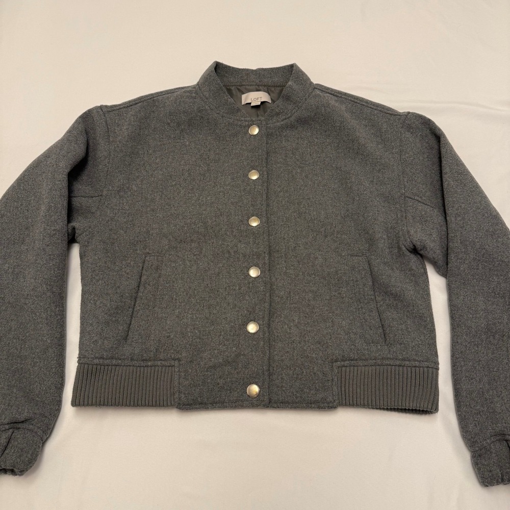 LOFT, Wool Blend Bomber Jacket, Women's S, Snap Front Ribbed Hem, MSRP $128